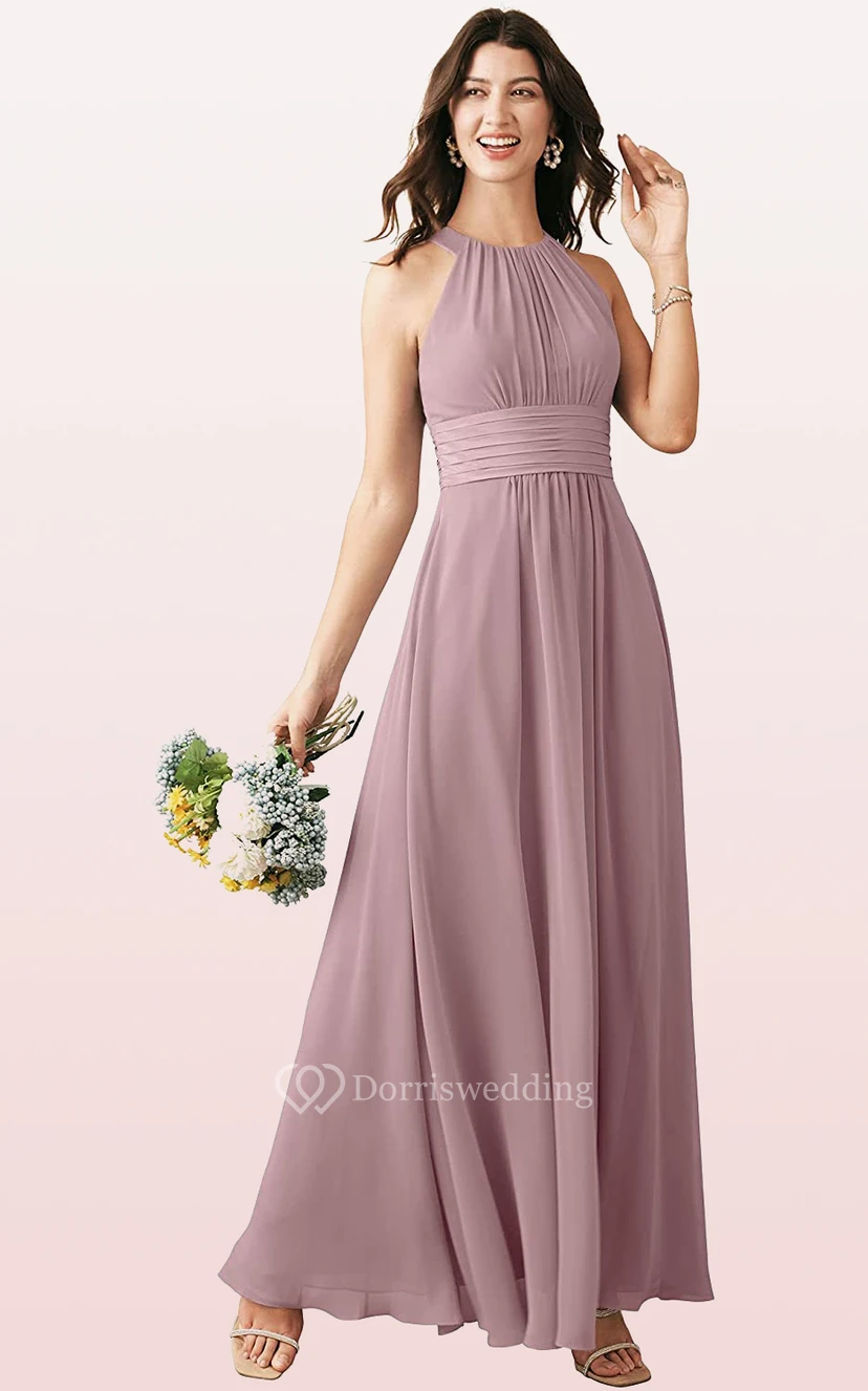 Halter A Line Sleeveless Ankle-length Chiffon Bridesmaid Dress With Ruching view 5
