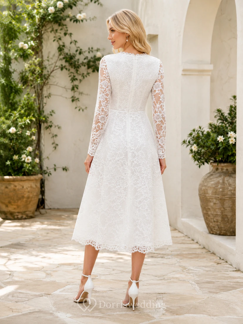 Romantic White Tea-Length V-Neck Long Sleeve Lace Garden Dress Outdoor view 2