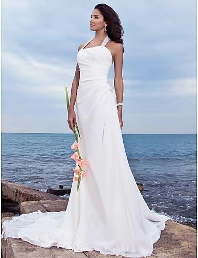 sheath Halter Court Train Chiffon Beach Wedding Dress view 9