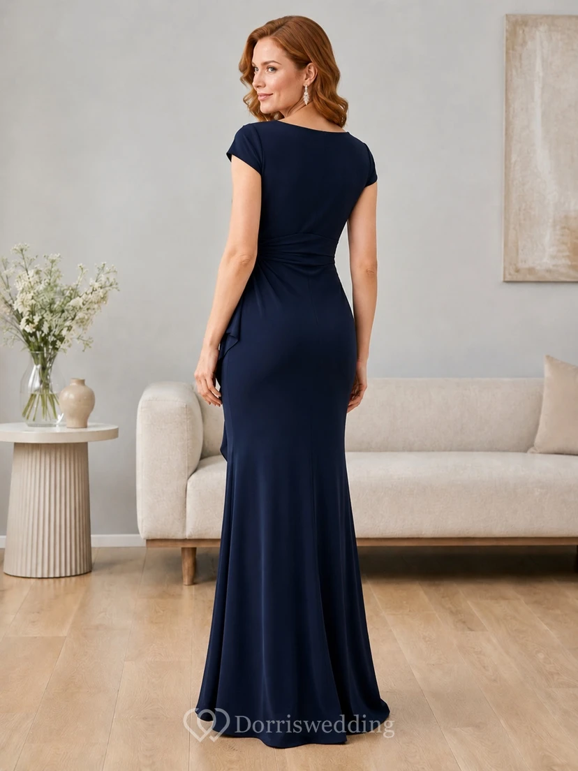 Navy Wrap V-neck Cap Sleeve Jersey Sheath Floor-length Formal Dress view 2