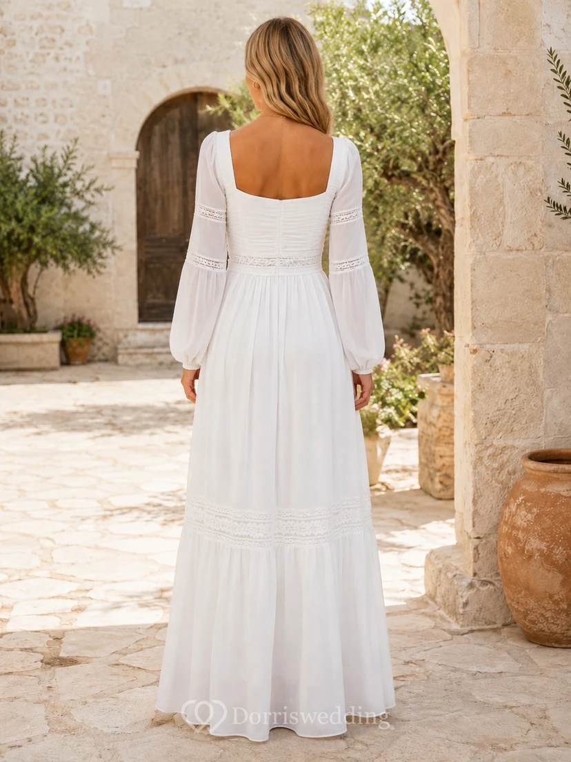 White Square-Neck Long-Sleeve Chiffon A-Line Floor-length Modest Garden Guest Dress view 2