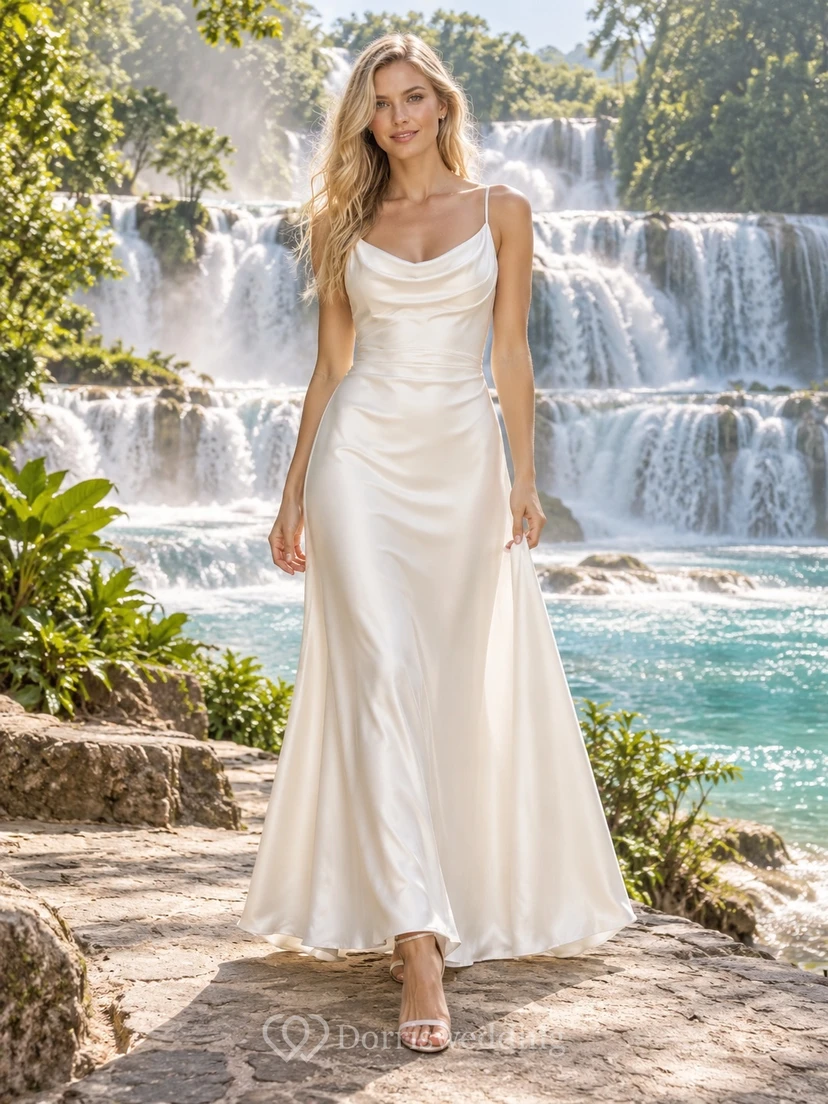 Cowl-Neck Charmeuse Wedding Dress with Spaghetti Straps and Sheath Skirt