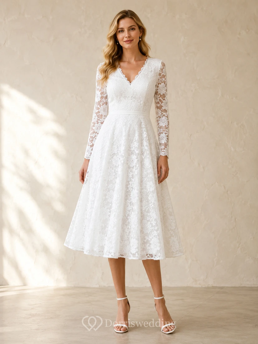Romantic White Tea-Length V-Neck Long Sleeve Lace Garden Guest Dress