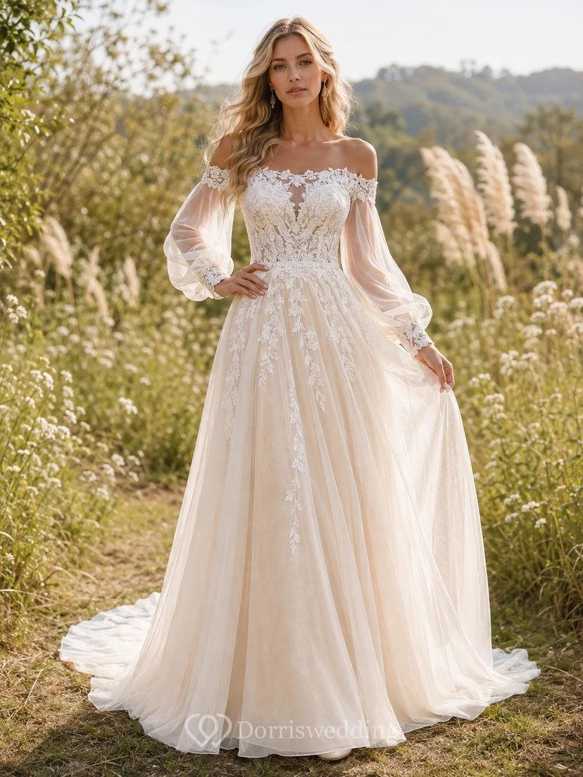 Champagnerfarbenes Boho-Brautkleid in A-Linie aus Spitze mit schulterfreiem Schnitt, langen Ärmeln und Kapellenschleppe