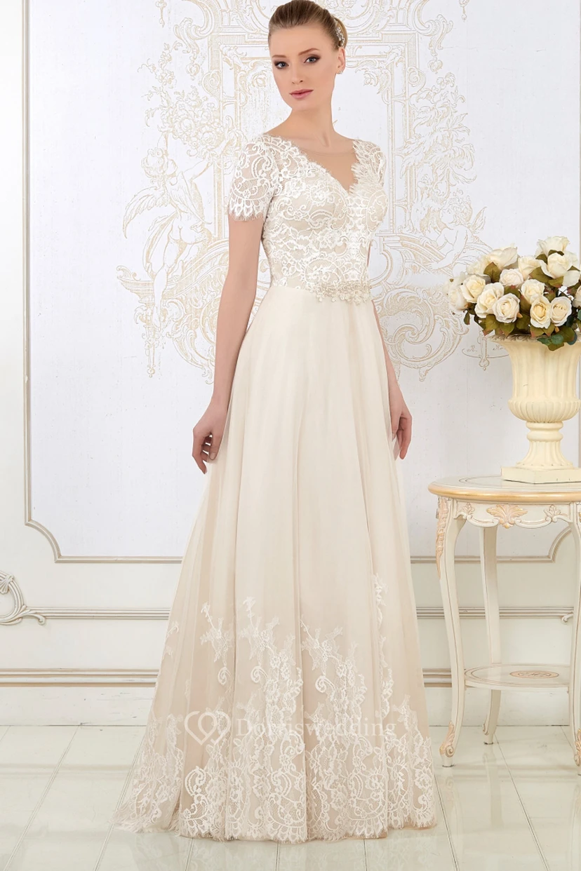 Floor-Length V-Neck Appliqued Short-Sleeve Lace Wedding Dress view 3