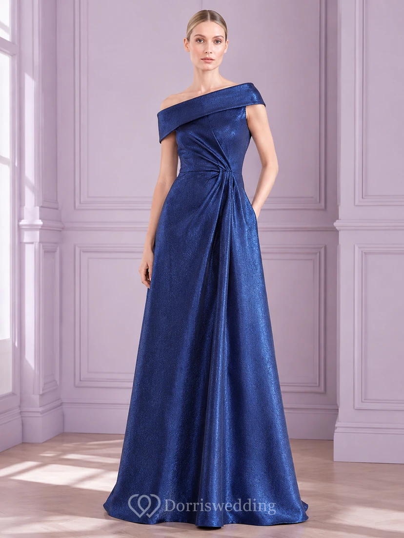 Royal Blue Off Shoulder Satin Floor Length A Line Gown