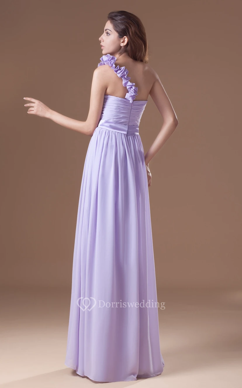 Ruched Floor-Length Chiffon Dress With Floral Strap view 8