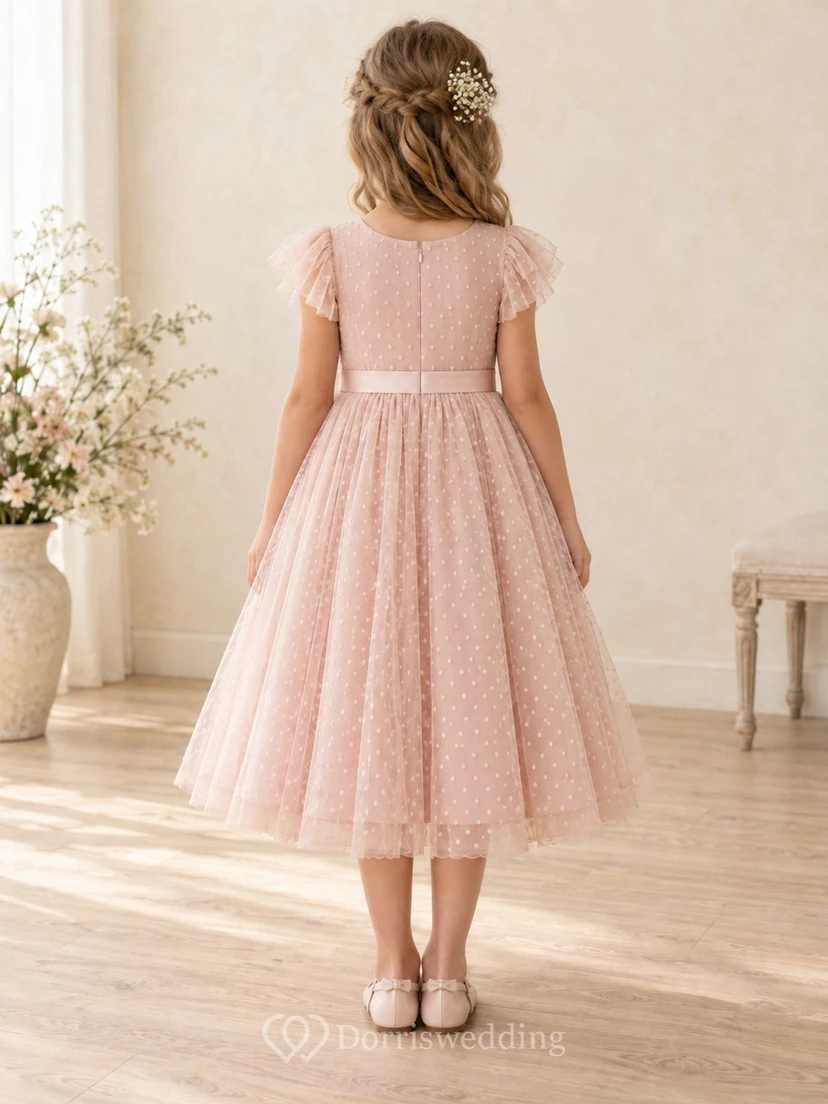 Modest Tea-length Pearl Pink Flutter Sleeve Dotted Tulle Sash Flower Girl Dress view 2