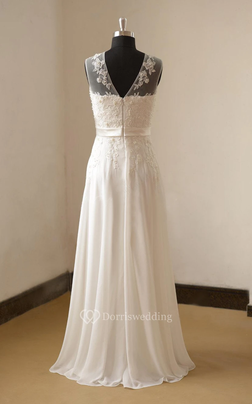 Ärmelloses, kurzes Brautkleid aus Chiffon mit Rundhalsausschnitt, A-Linie und Falten sowie Spitzenoberteil view 3