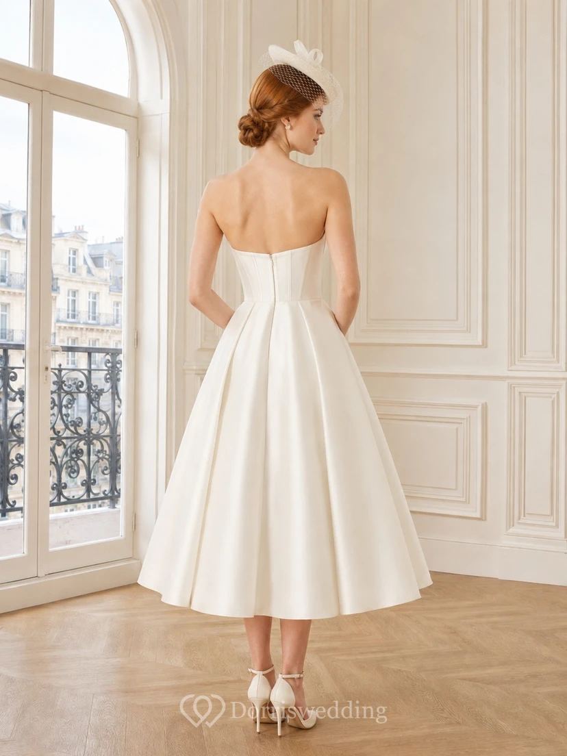 Vestido de novia de satén hasta la rodilla, corte en A, para ceremonia nupcial. view 2