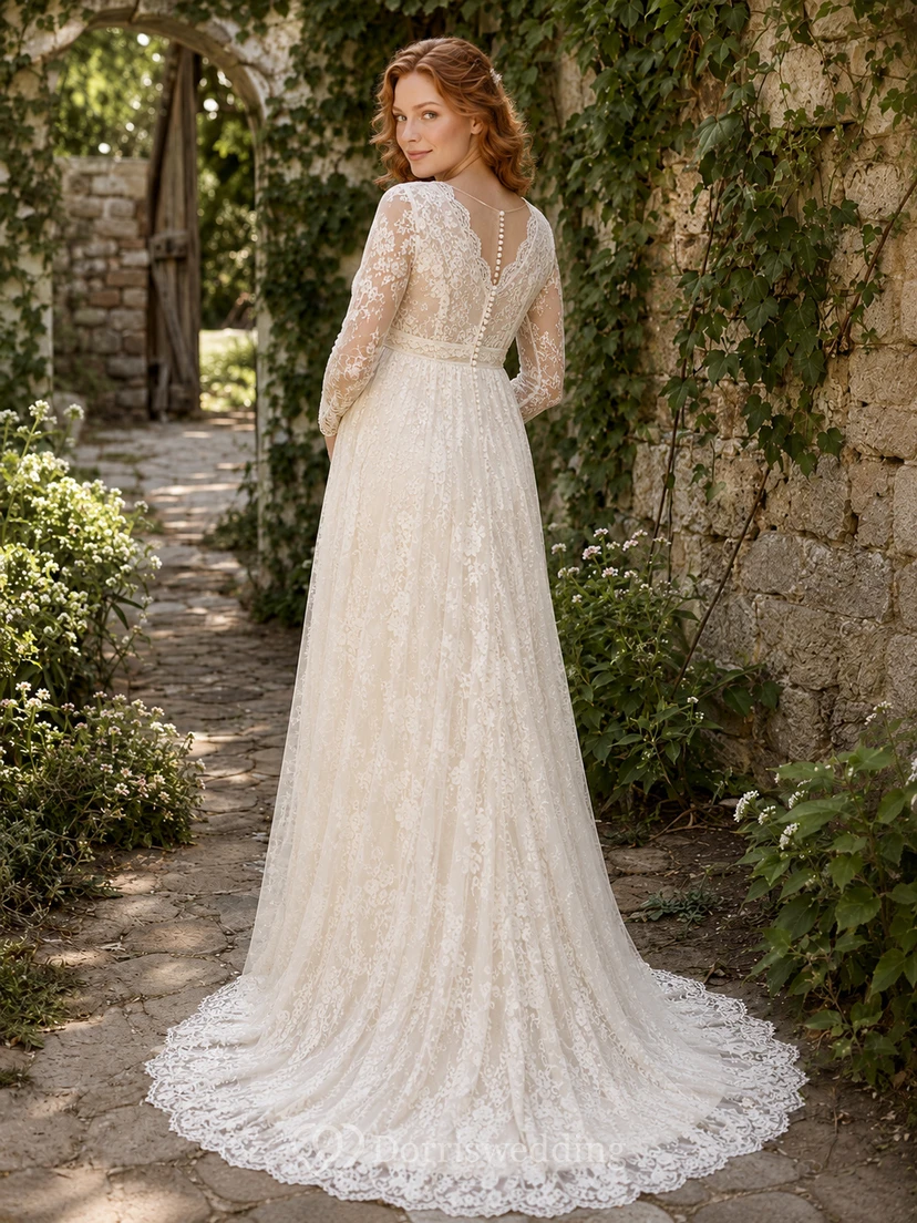 Vestido de novia premamá de manga larga con encaje integral, corte A, estilo jardín con cola. view 2