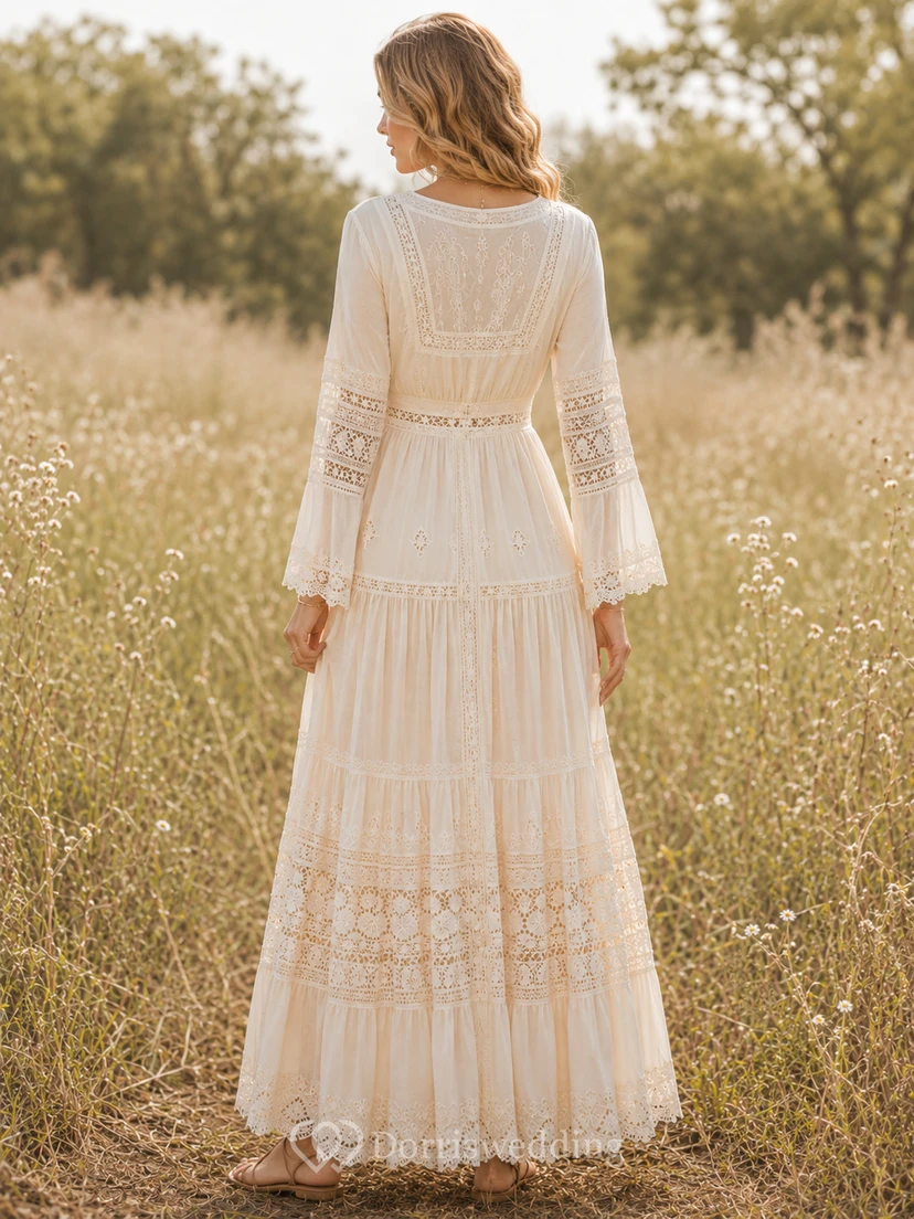 Wheatfield Folklore Ivory A-Line Ankle-Length V-Neck Long-Sleeve Lace Bohemian Guest Dress view 2
