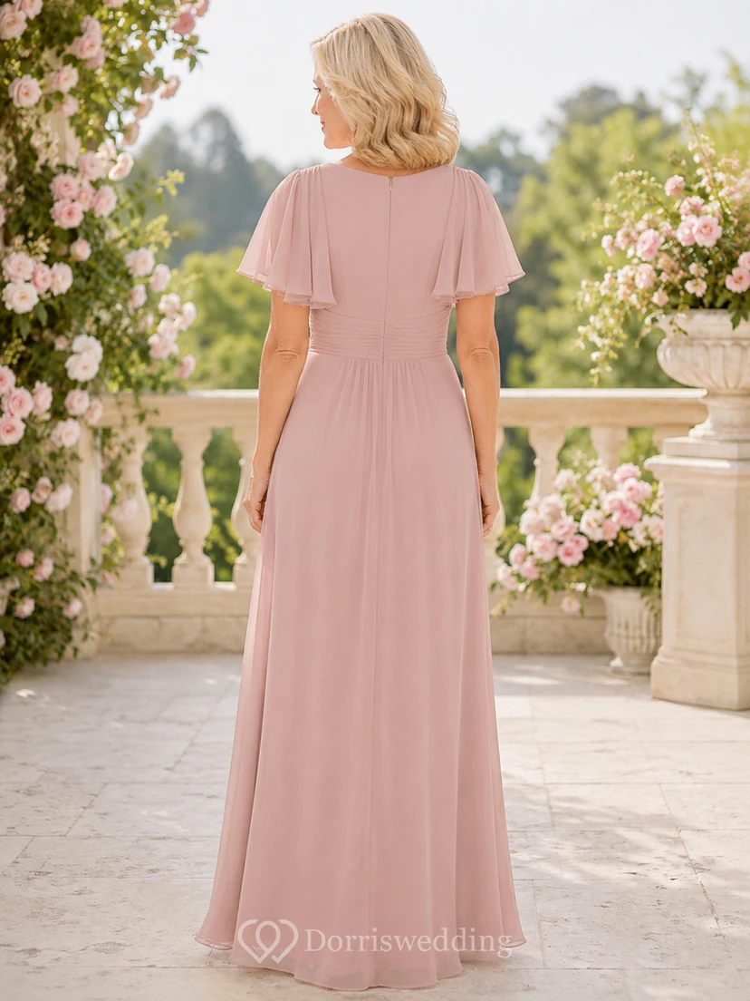 Blush V neck flutter sleeve summer chiffon mother gown view 2