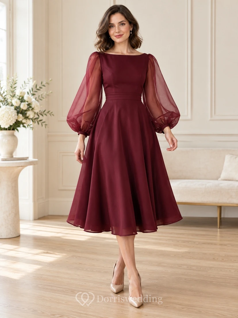 Modest Long Sleeve Burgundy Bateau Satin Tea Length Cocktail Dress