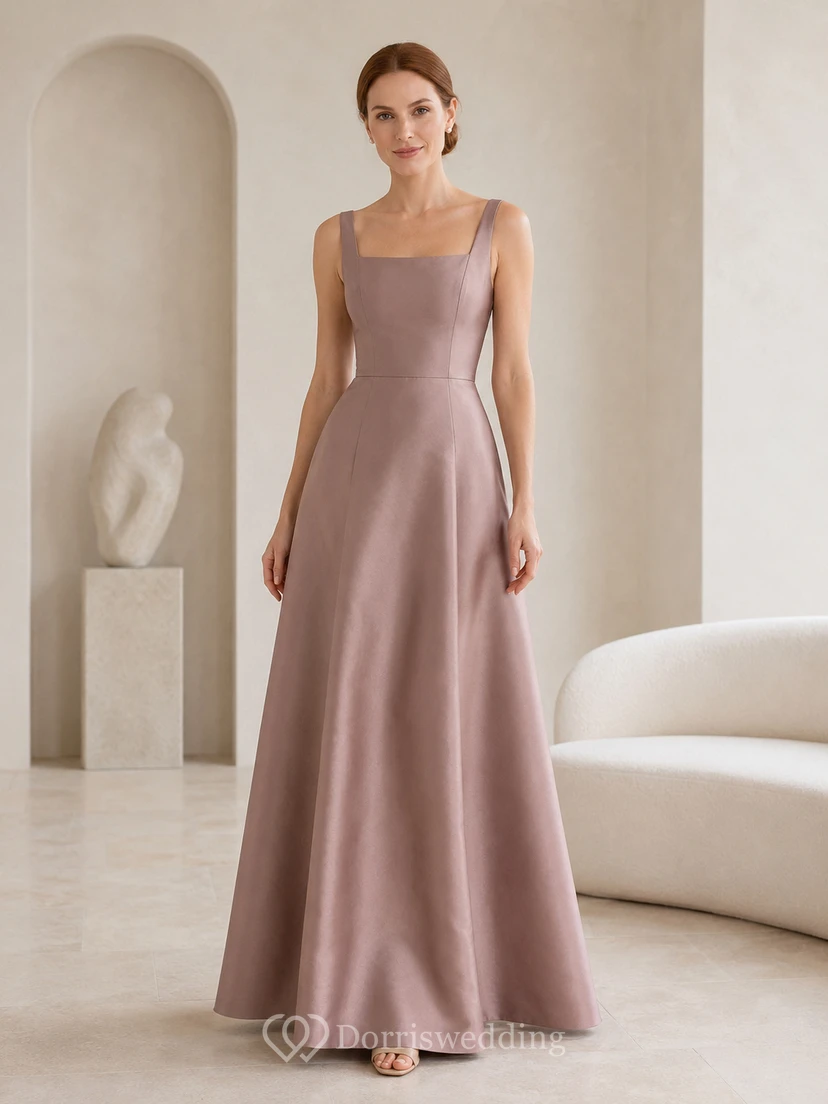 Vestido de corte A de lujo discreto con escote cuadrado en color rosa empolvado