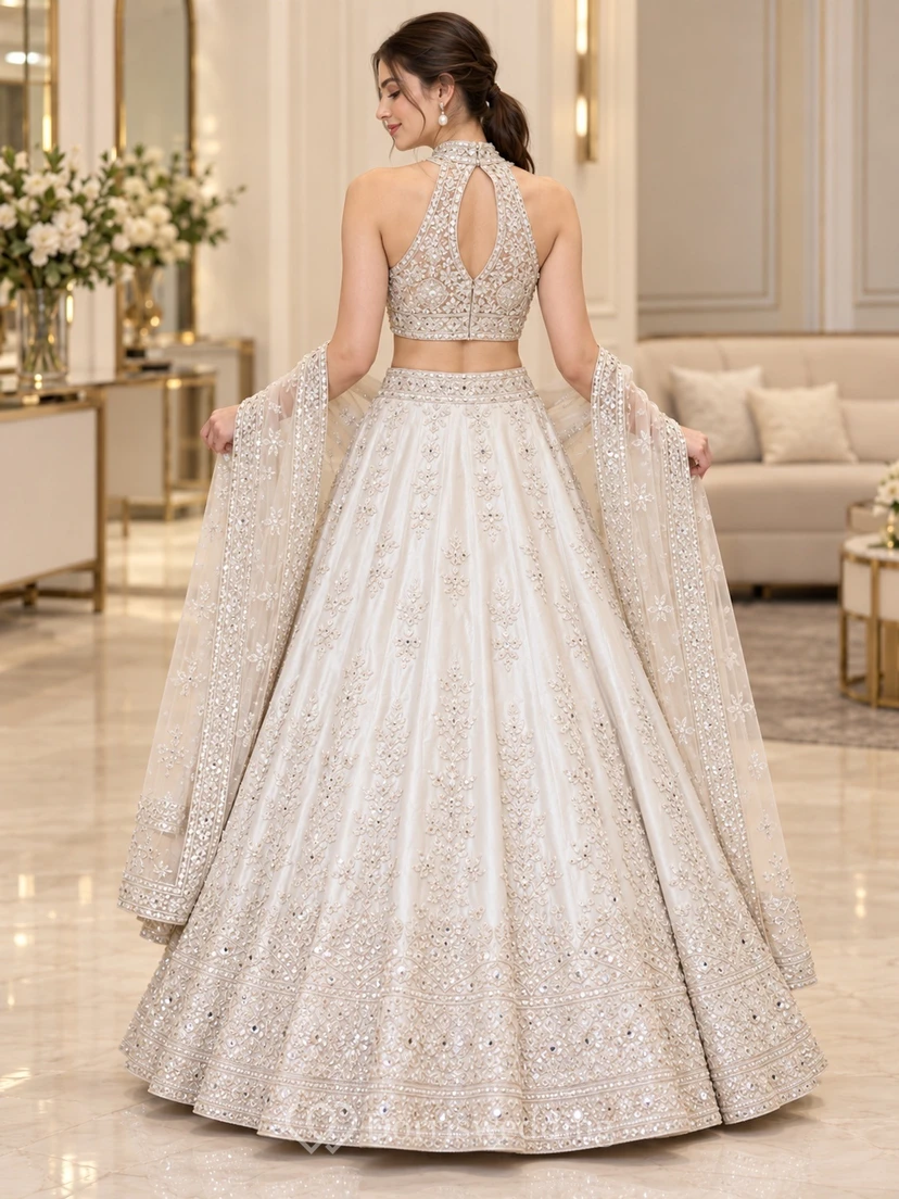 Lehenga deux pièces ivoire à col montant dos nu et sequins, pour une soirée formelle view 2