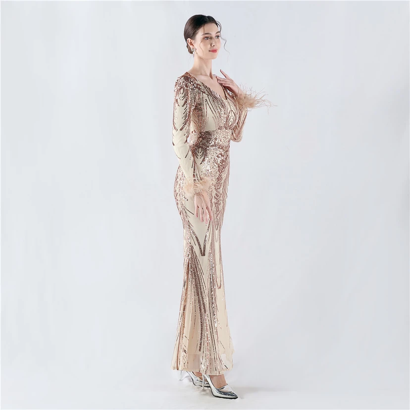 Robe de soirée haut de gamme ornée de perles florales fixes et de poils d'autruche, hôte de la réunion annuelle d'hiver view 58