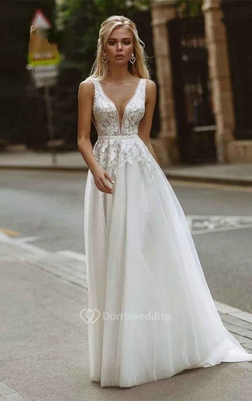 Robe de mariée sexy en dentelle, décolleté en V, coupe empire décontractée, trapèze, style A ... empire view 3