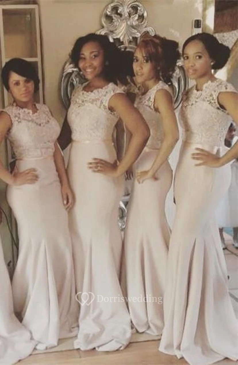 Newest Lace Mermaid Illusion Champagne Bridesmaid Dress Cap Sleeve