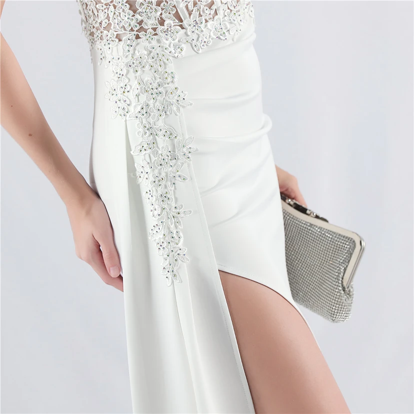 Heavy Hot Diamonds And Flower-Set Waisted Fishbone Satin Evening Dress Annual Meeting Wedding view 9
