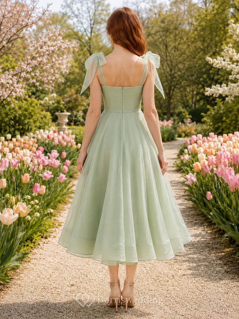 Sage One Shoulder Bow Strap Tulle Garden Midi Dress view 2