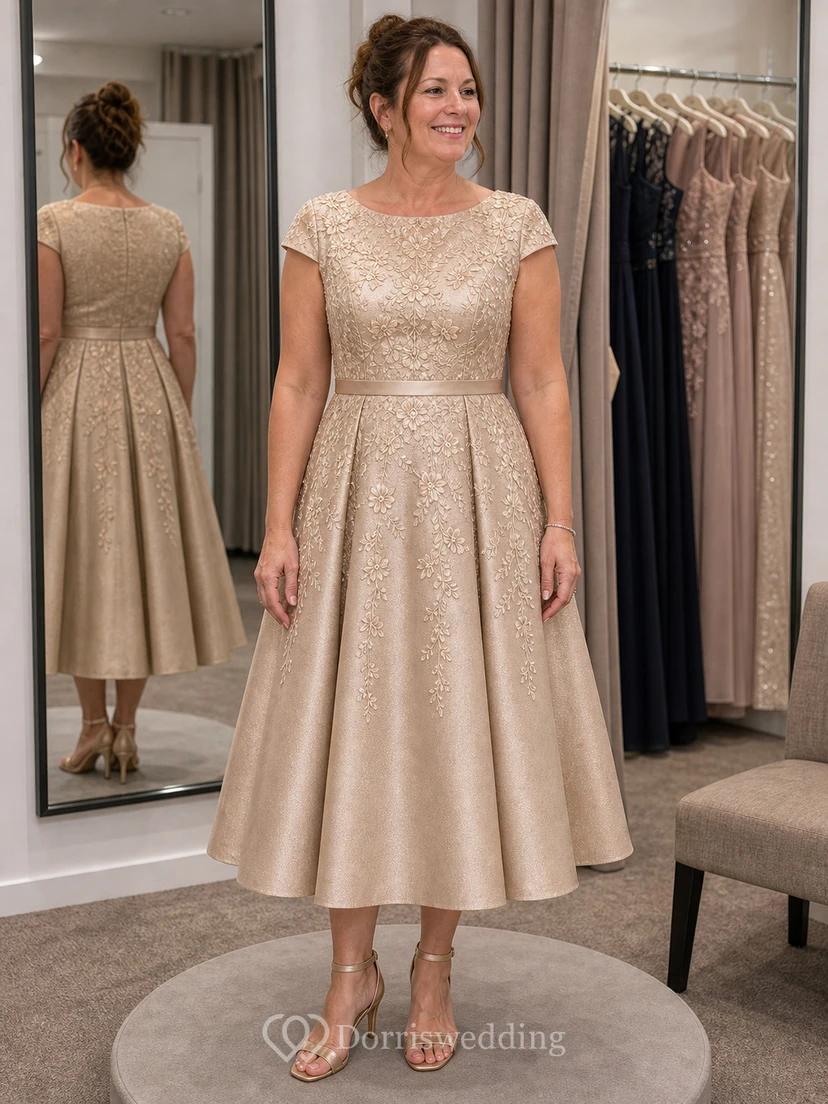 Champagne Lace Cap Sleeve Tea-Length Formal Dress view 5