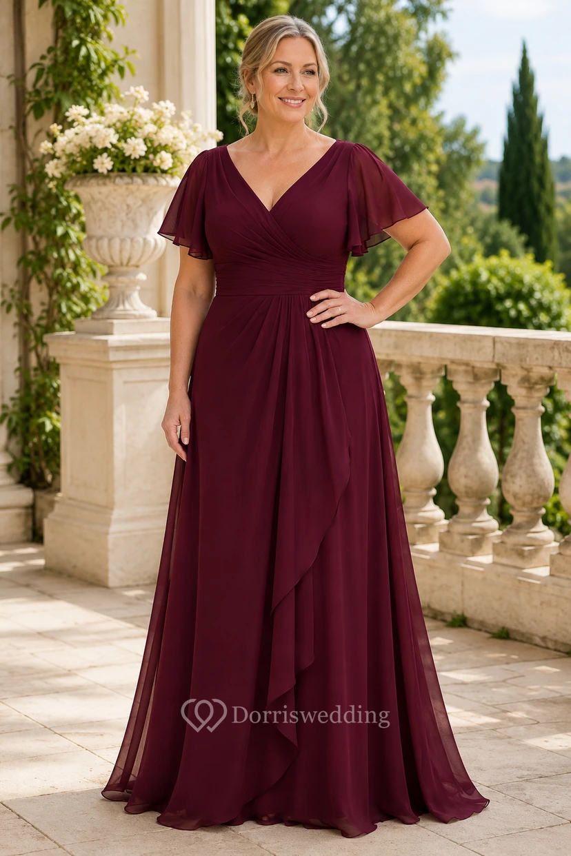 Burgunderfarbenes Chiffon-Kleid in A-Linie mit V-Ausschnitt und Rüschen