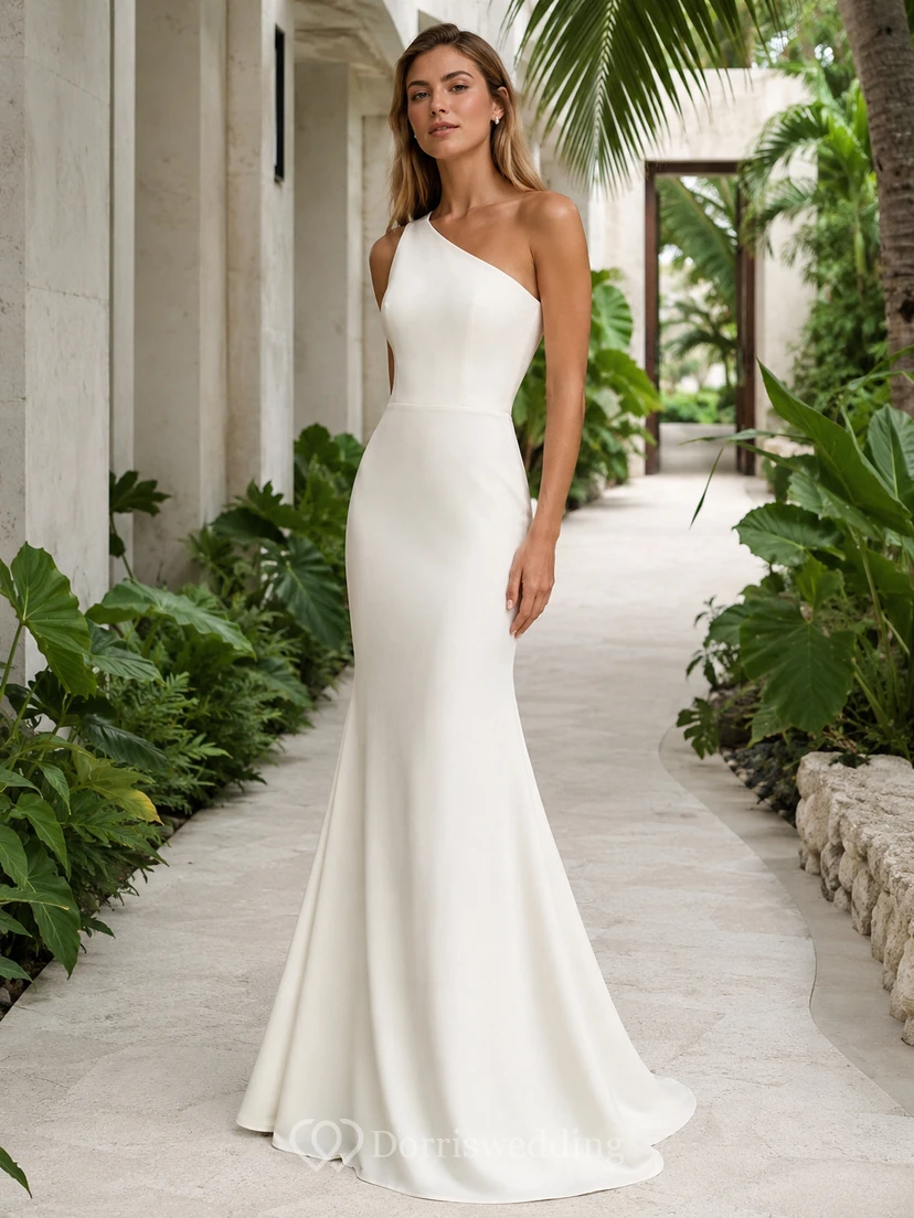 One Shoulder Minimalist Tropical Island Mermaid Elopement Gown