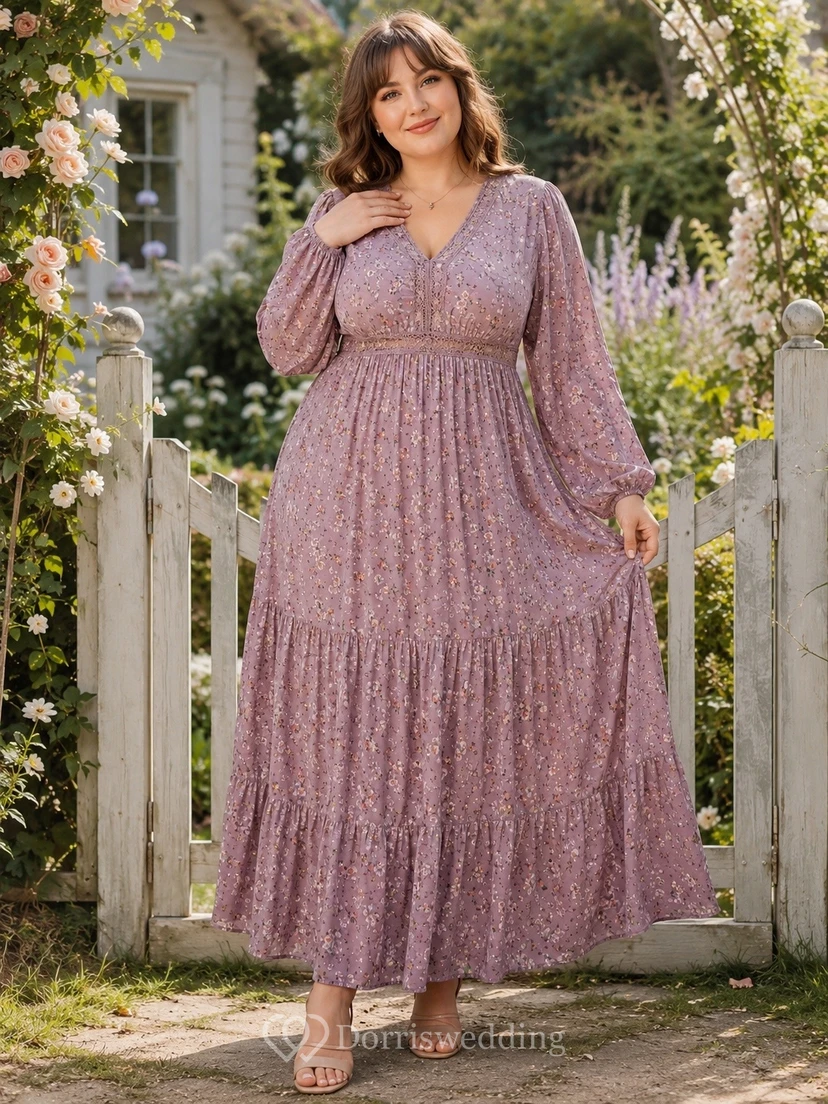 Vintage Mauve V-Neck Long-Sleeve Tiered Chiffon A-Line Floor-Length Boho Dress