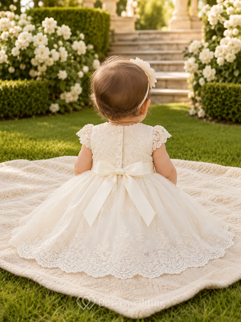 Scalloped Lace Hem Baptism Dress A-Line Tulle Jewel Neck Short Sleeve view 2