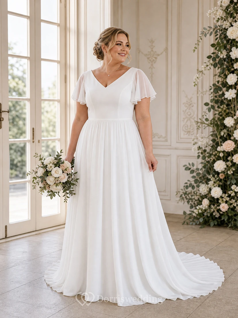 Robe de mariée décontractée en mousseline de soie, coupe trapèze, longueur au sol, traîne brossée, manches courtes et volants, col en V. view 4