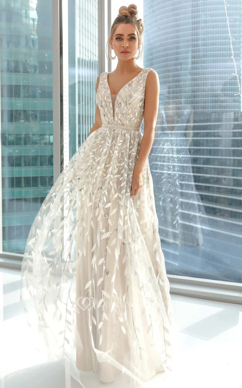 Ärmelloses, bodenlanges Ballkleid mit V-Ausschnitt, A-Linie, Empire-Schnitt und Stickerei view 6