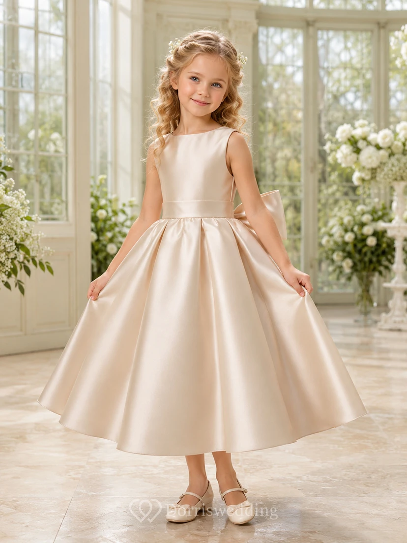 Blumenmädchenkleid aus champagnerfarbenem Satin, A-Linie, kurze Ärmel, Rundhalsausschnitt, Teelänge, Schleife am Rücken