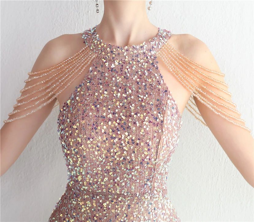 Heavy-Duty Glass Bead Craft Beaded Banquet Evening Dress Temperament Elegant Long Halter Neck Slit Sequins view 38