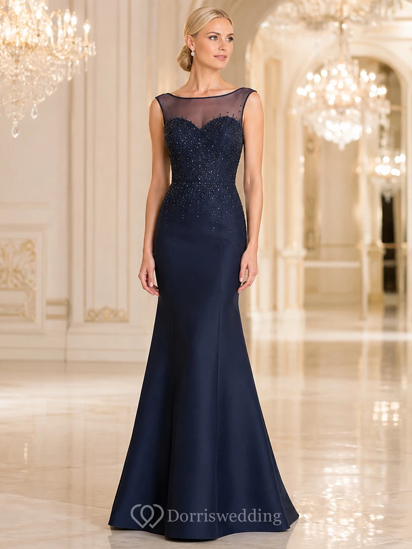 Dunkelblaues Illusion-Bateau-Satin-Trompetenkleid
