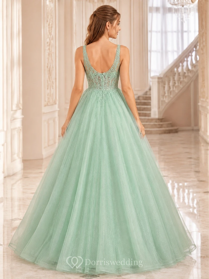 Romantic Mint Green V-neck Sleeveless Lace Tulle Ball Gown Dress view 2