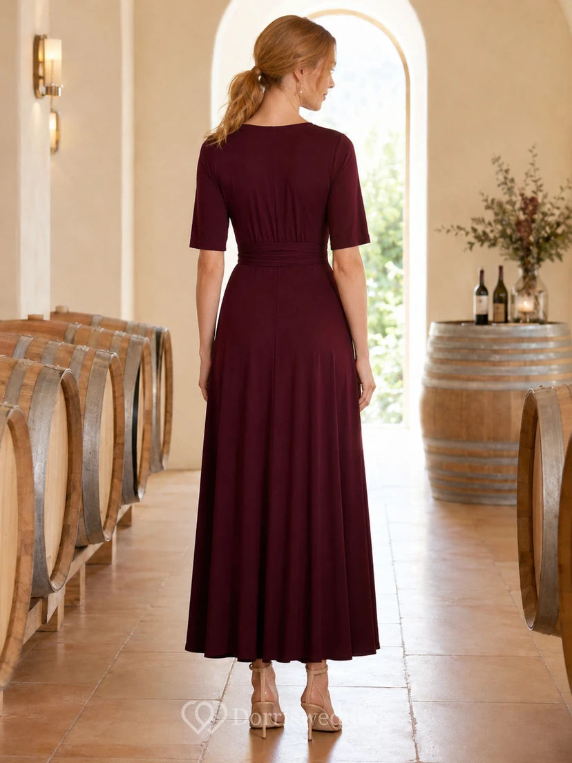 Burgundy Short Sleeve Wrap Winery Dinner Midi Dress view 2