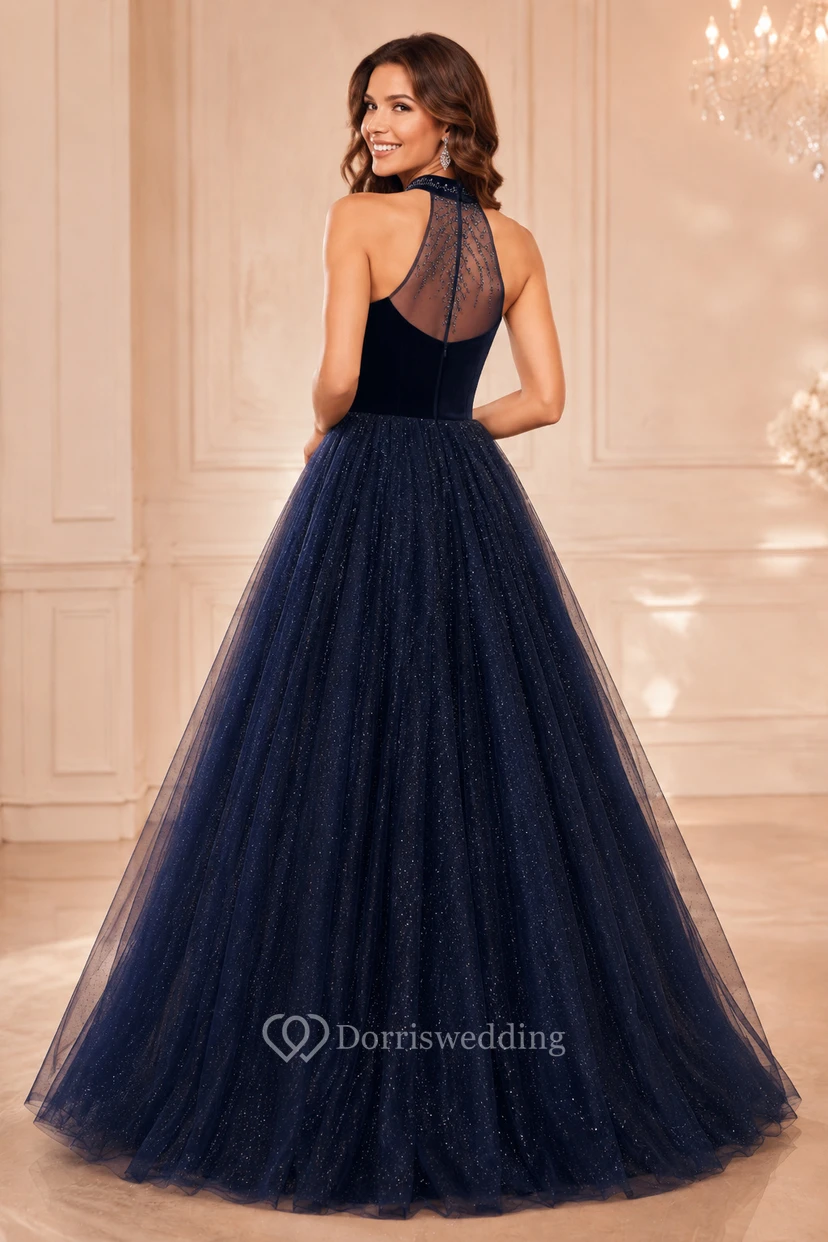 Dark Navy Halter Tulle Ball Gown with Illusion Bodice and Full Skirt view 2