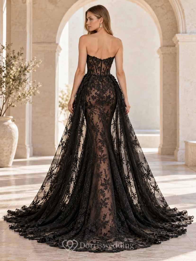 Black Mermaid Strapless Sweetheart Lace Corset Overskirt Bridal Wedding Dress view 2