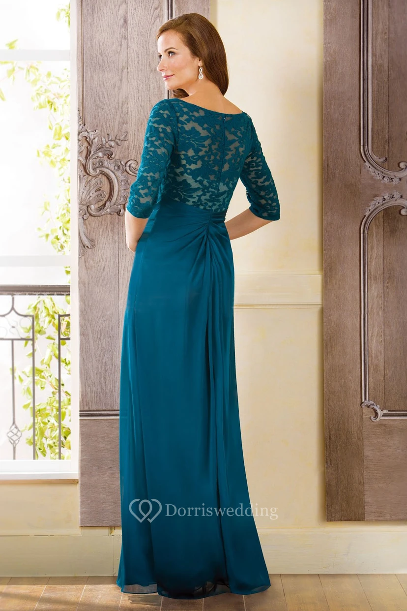 Half-Sleeved Bateau-Neck Long Gown With Side Slit And Lace view 2