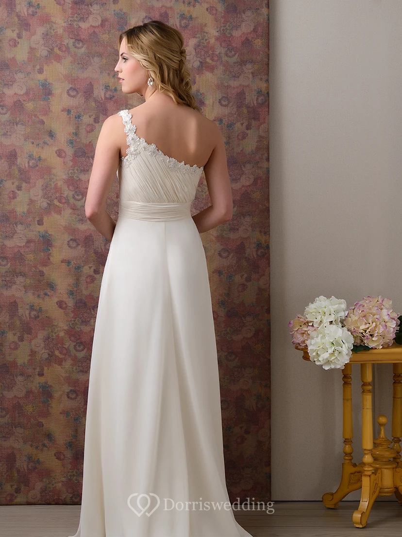 Ruched Bodice One-Shoulder Chiffon Wedding Dress With Beadings And Side Draping view 2