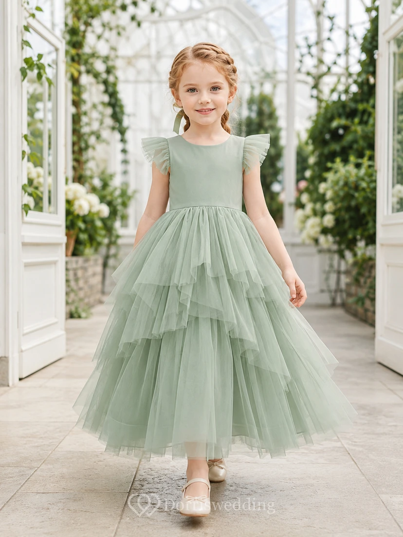 Flower Girl Dress Sage Tulle A-Line Short Sleeve Jewel Neck Tea Length Ruffle Detail Tiered Skirt