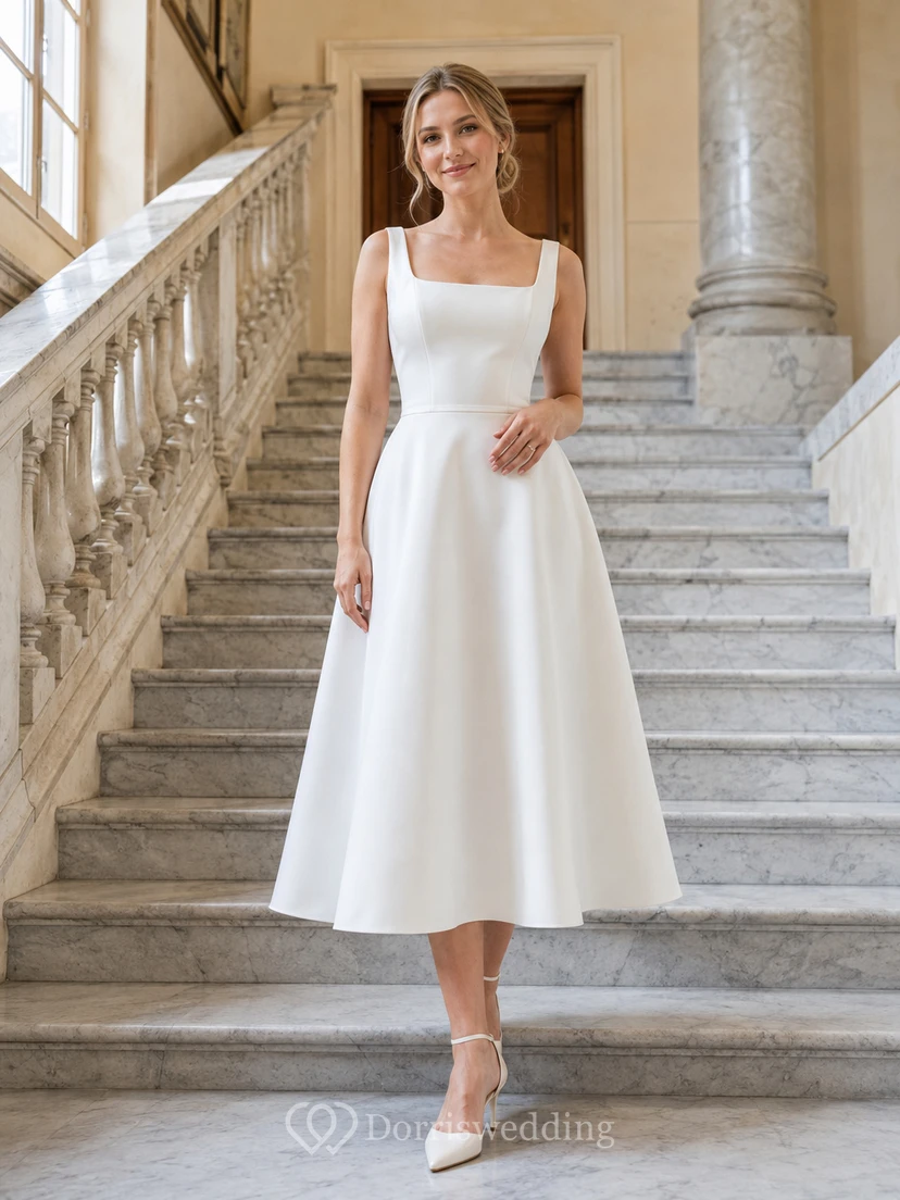 Civil Square Neck Sleeveless Satin A-Line Tea-Length Wedding Dress
