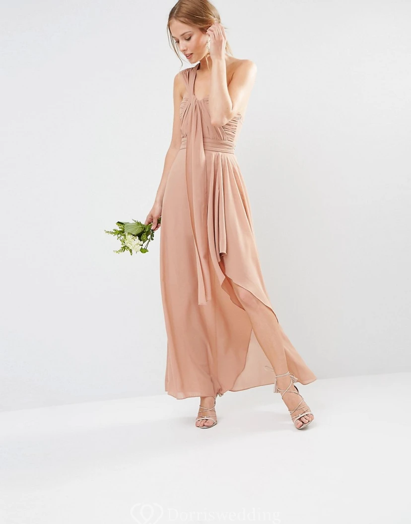 Ärmelloses, asymmetrisches, einseitig gerafftes Chiffon-Brautjungfernkleid in Rosa mit asymmetrischem Saum und One-Shoulder-Ausschnitt view 4