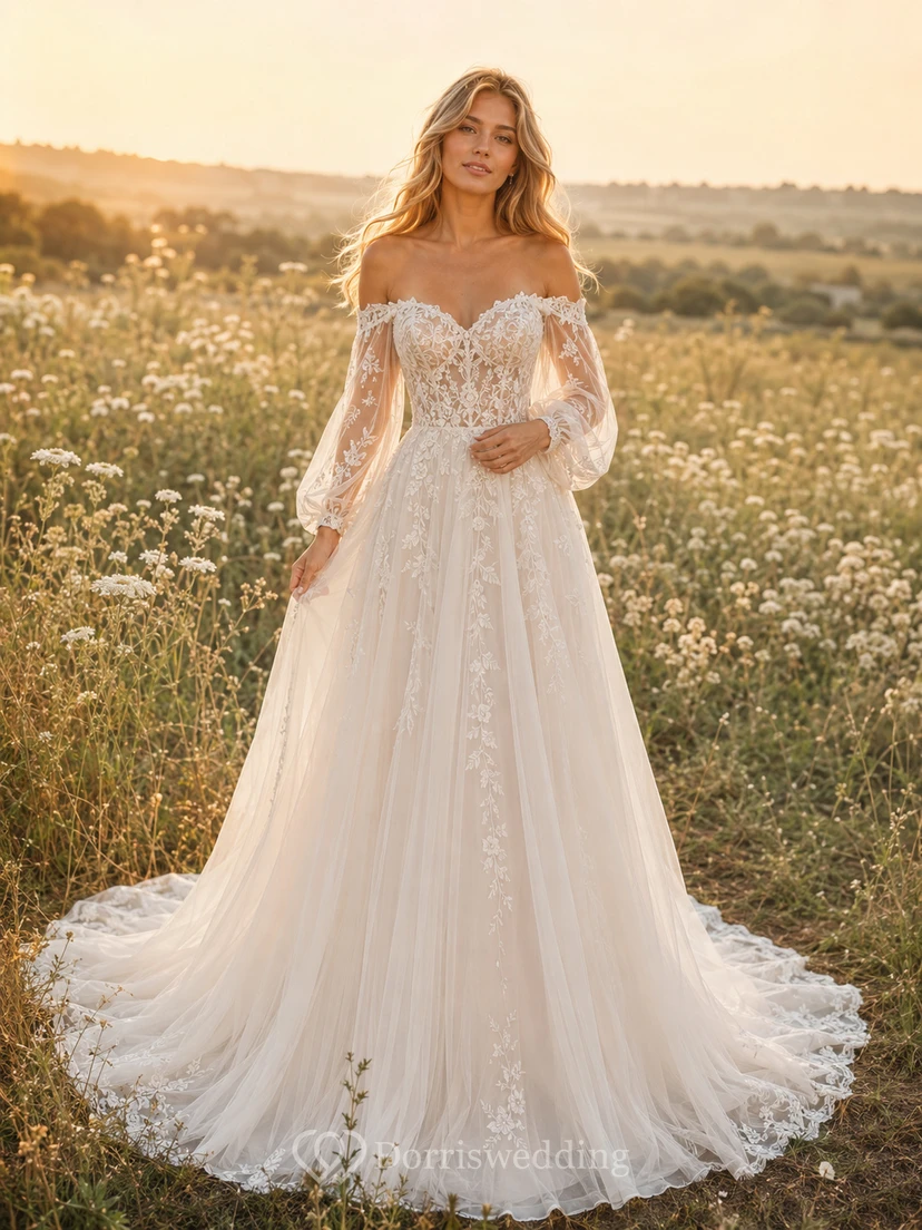 Brautkleid aus Spitze und Tüll, A-Linie, schulterfrei, lange Ärmel, Kapellenschleppe