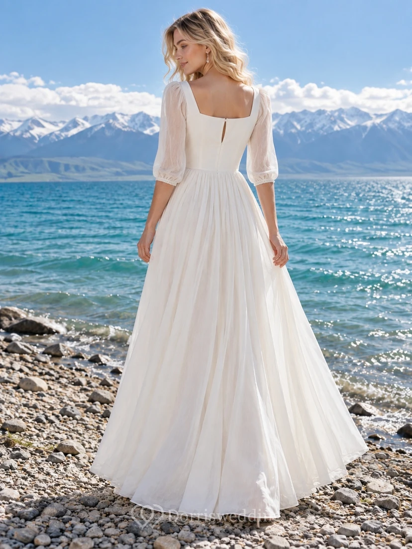 Schlichtes Brautkleid in A-Linie mit eckigem Ausschnitt, Dreiviertelärmeln und Raffungen view 2