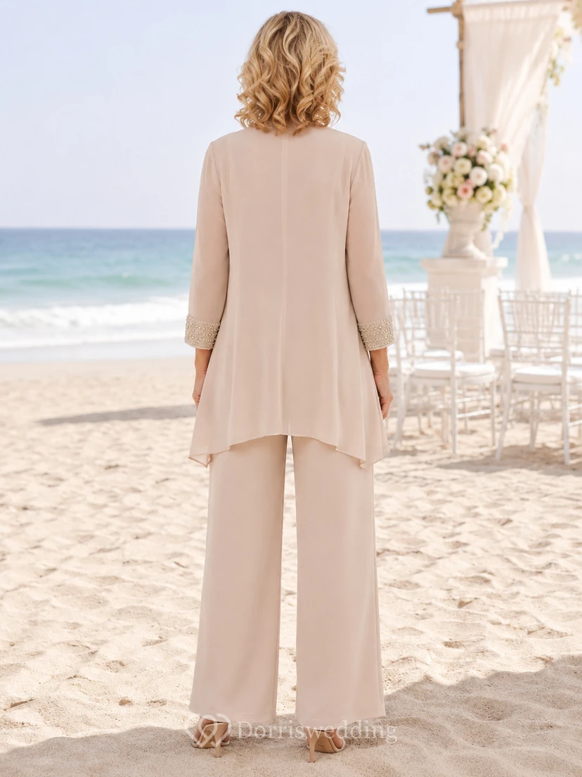 Champagne Mother Pantsuit with Beach Chiffon Jacket, Scoop Top and Wide Leg Pants view 2