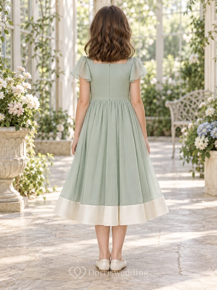 Modest Square Neck Sage Tea-length Folded Flutter Sleeve Ivory Banded Chiffon Flower Girl Dress view 2