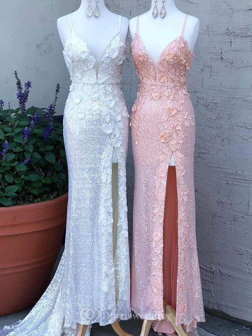 Lace Spaghetti Front Split Backless Applique Prom Dress view 4