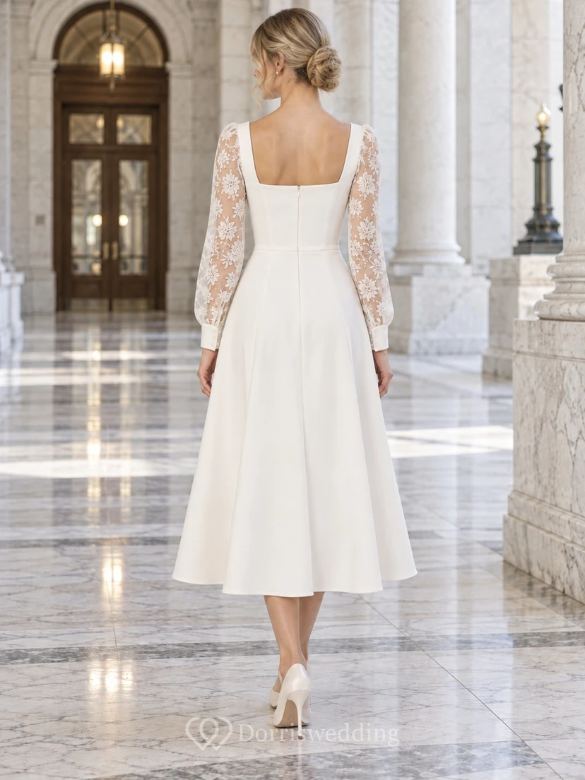 Robe de mariée simple à col carré, longueur thé, manches longues en dentelle, idéale pour une cérémonie civile view 2